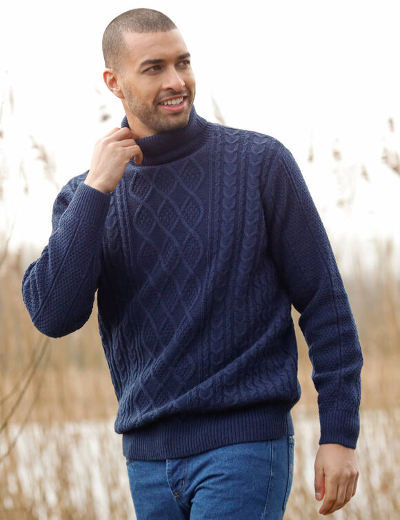 Pull col roul&eacute; maille irlandaise (marine)