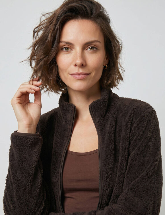 Veste zipp&eacute;e col montant, manches longues, maille polaire (chocolat)