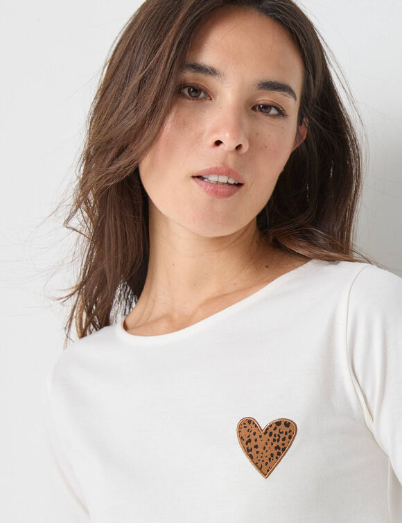 T-shirt marinière manches longues, brodé "cœur" uni ou imprimé léopard (écru / chocolat)