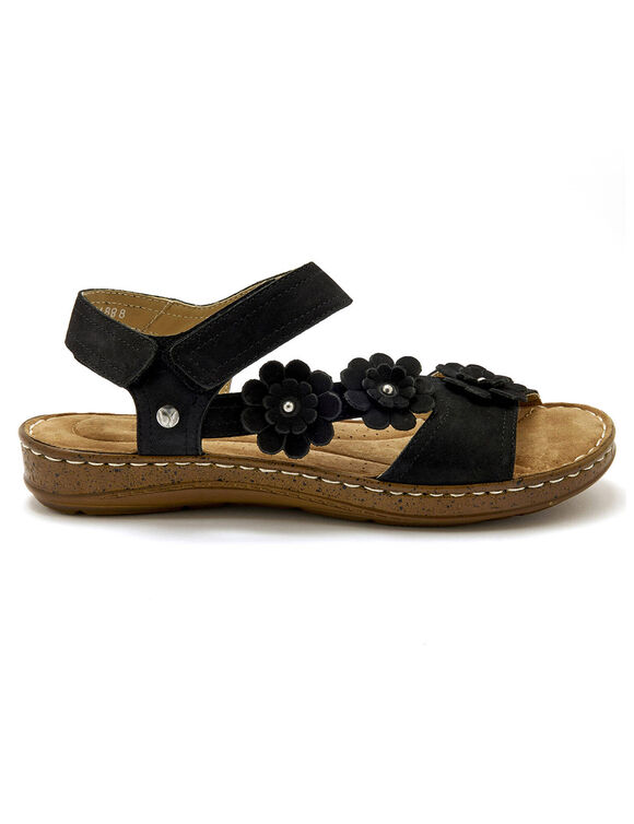 Sandalen met scratchriempjes en bloempjes, suèdeleer (zwart)