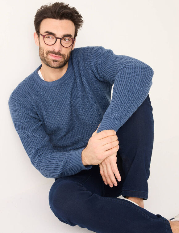 Pull maille gaufrée col rond (bleu ardoise)