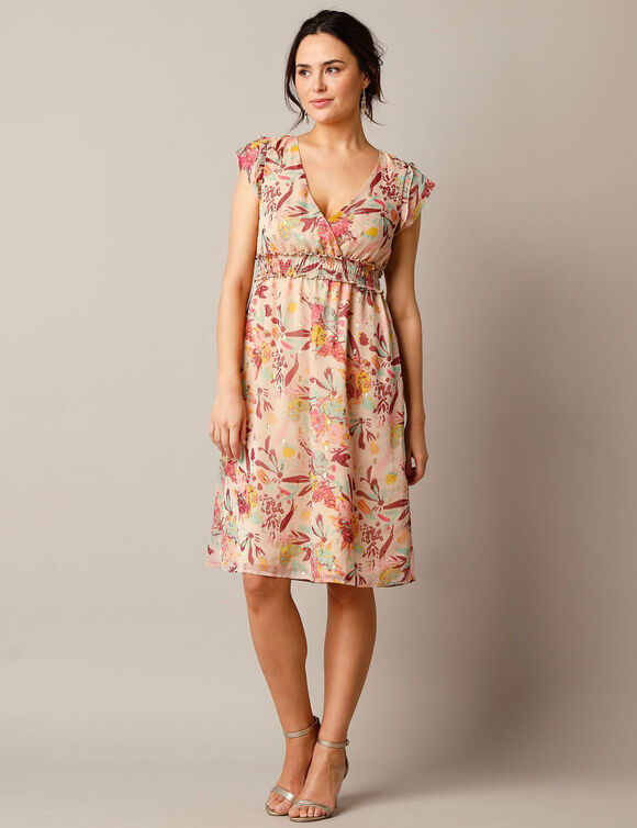 Robe courte effet cache-coeur, voile imprimé (beige / rose)