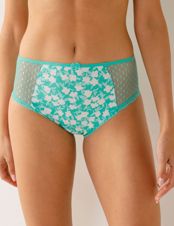 Maxislip in kant en katoen, effen en met bloemenprint, Tropea - set van 4 (aqua)