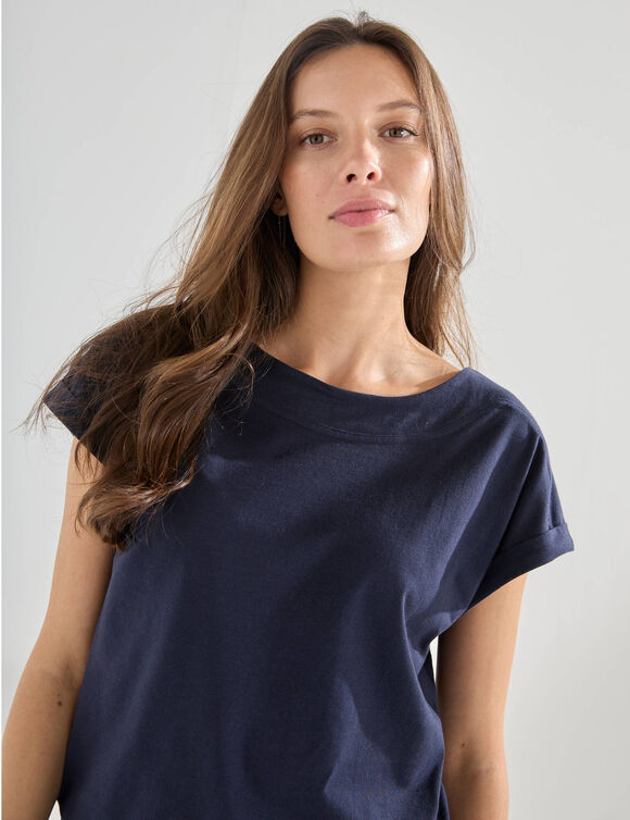 T-shirt uni col bateau, manches courtes (marine)