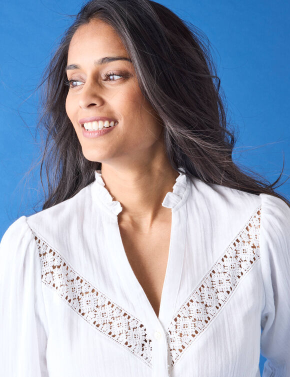 Chemisier boutonné macramé, gaze de coton (blanc)
