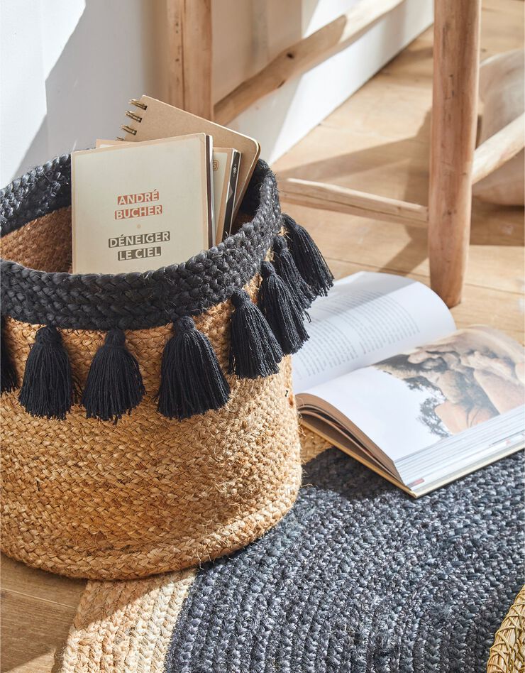 zwaard Balling Uitdrukkelijk Ronde mand in jute met zwarte pompons, jute/zwart | Blancheporte
