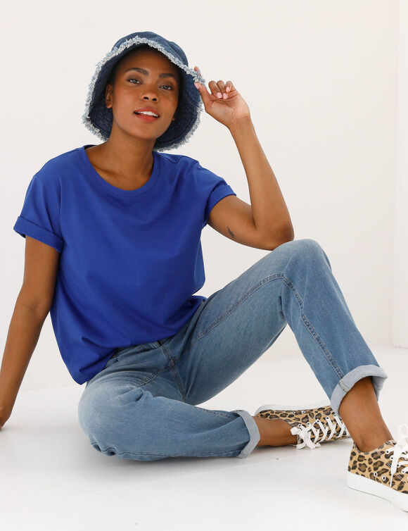 'Loose' T-shirt in katoen, effen (felblauw)