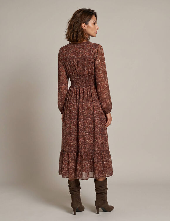 Robe longue volant&eacute;e, voile imprim&eacute; fleuri (bordeaux)
