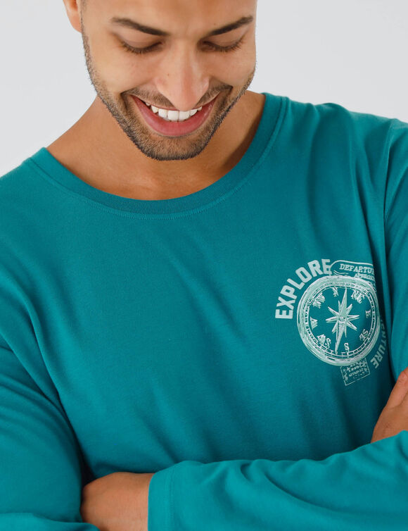 Pyjama-T-shirt met motief op de borst, lange mouwen (turkoois)