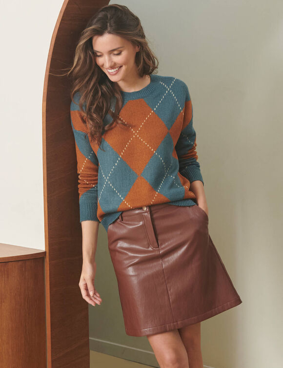 Pull col rond loose, jacquard losanges, toucher doux (bleu / caramel)