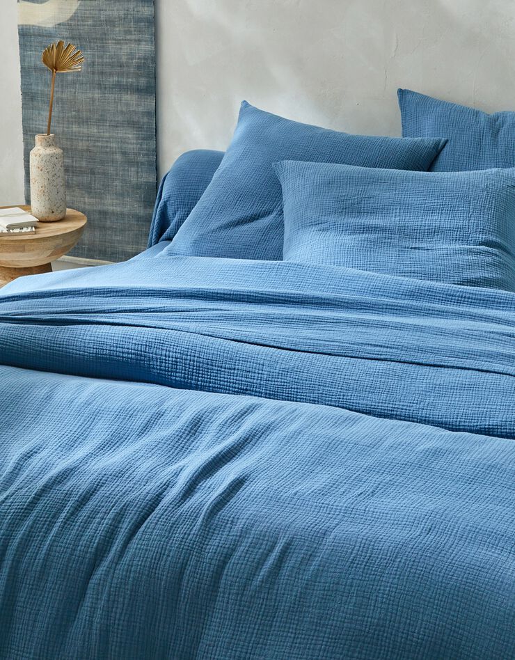 Linge de lit uni en triple gaze de coton (bleu)