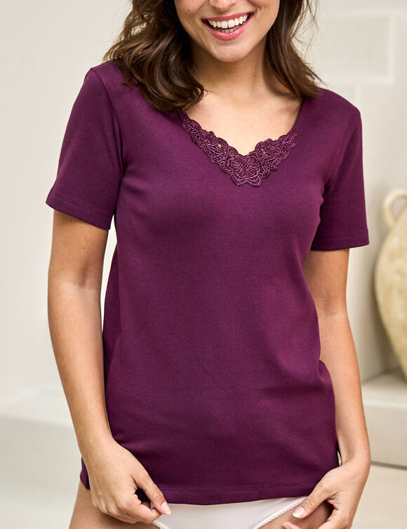 Warm T-shirt met korte mouwen en kanten hals - set van 2 (pruim)