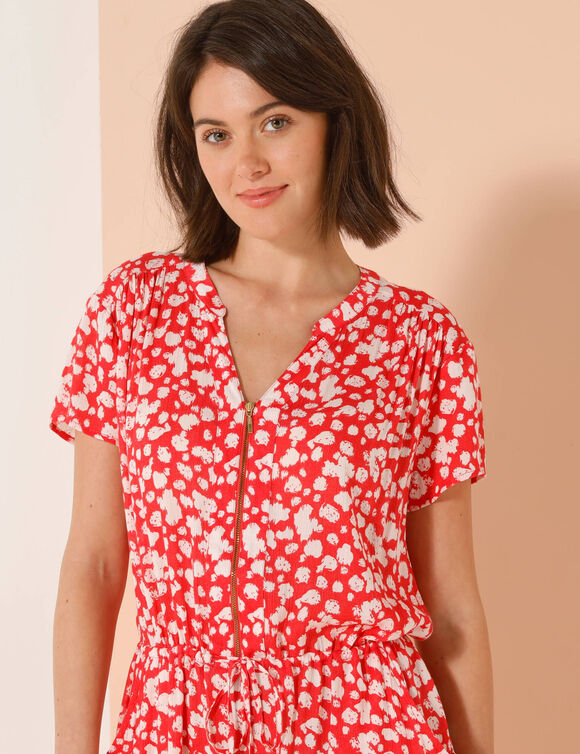 Robe courte col zippé, crépon imprimé (rouge / écru)