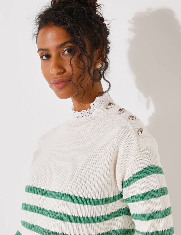 Pull rayé, col broderie anglaise (écru / vert)
