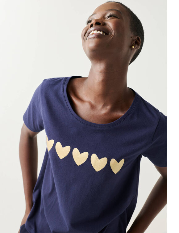 T-shirt met korte mouwen, goudkleurige hartjesprint (marine)