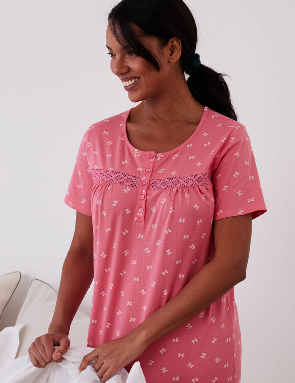 Chemise de nuit longue manches courtes imprimé nœuds (rose foncé)