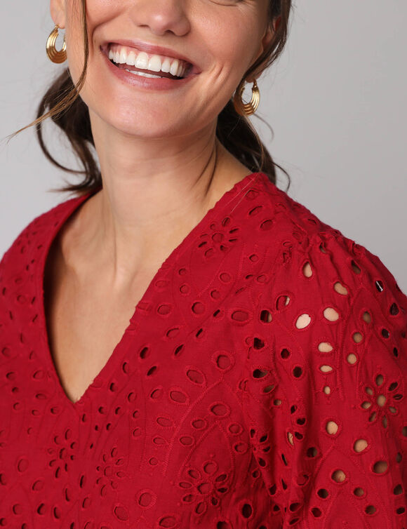 Robe broderie anglaise manches 3/4 (rouge fonc&eacute;)