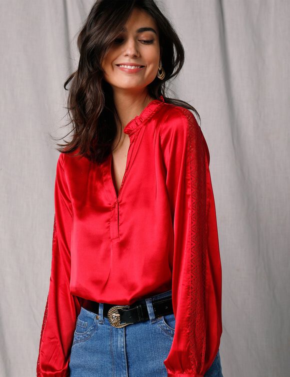 Blouse satin col volant&eacute; manches longues dentelle (&eacute;cru / noir)