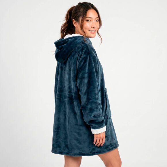 Fleece-sweater met capuchon in sherpa-voering (grijsblauw)