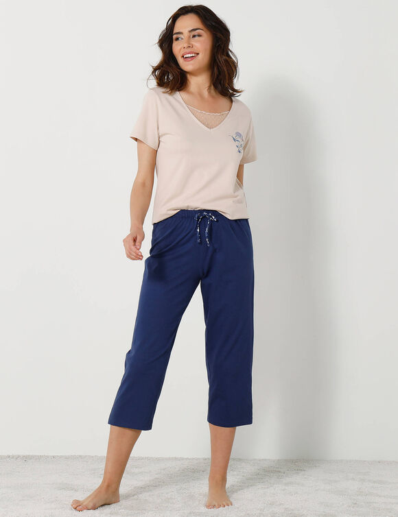 Pantacourt pyjama coton uni avec noeud imprimé floral (marine)
