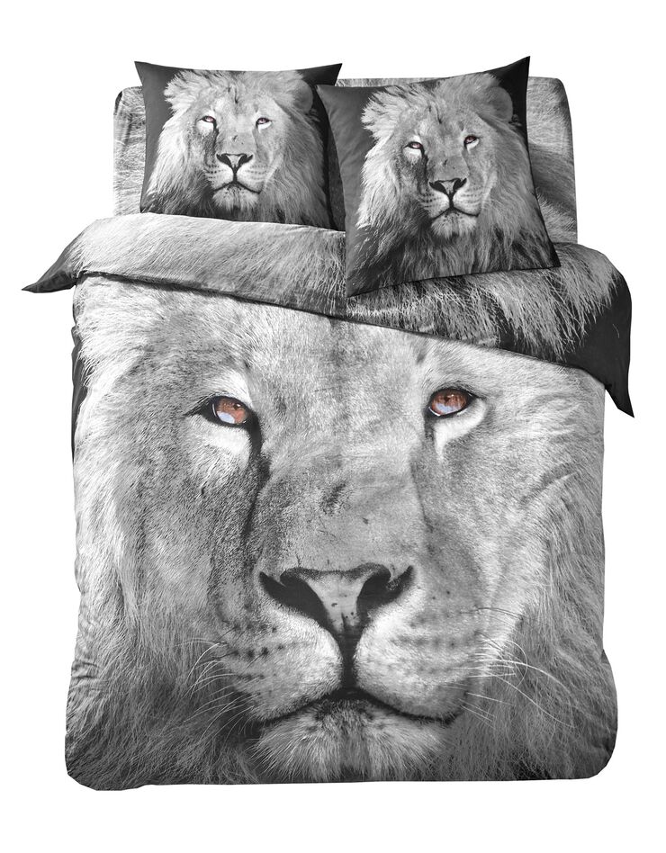 Linge de lit Leo en coton imprimé lion, gris Linge de lit Leo en coton imprimé lion, gris, hi-res image number 0