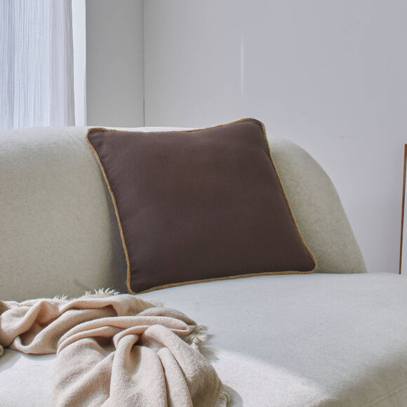 Effen kussen met juten biesje (chocolade)