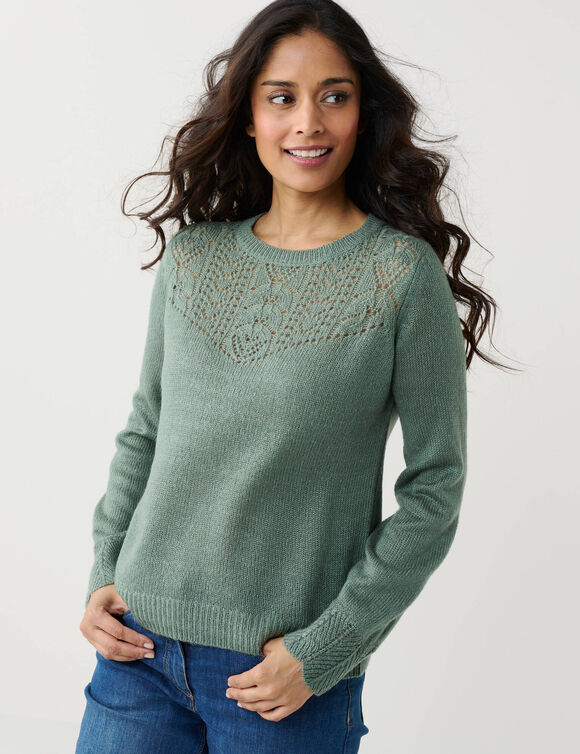 Pull col rond maille ajour&eacute;e, toucher doux (vert tilleul)