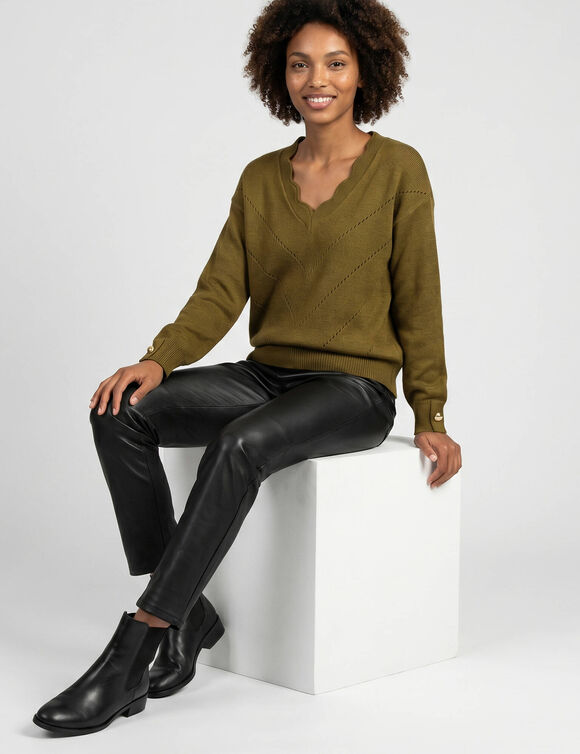 Pull col V festonn&eacute;, maille pointelle ajour&eacute;e fantaisie (bronze)