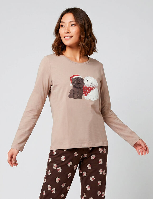 Pyjama pantalon en coton, imprim&eacute; "bichons", avec pochon assorti (taupe / chocolat)