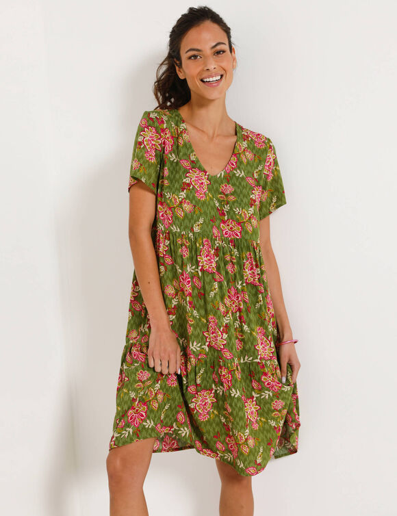 Robe courte col V imprim&eacute; fleuri, cr&eacute;pon (kaki / roze)