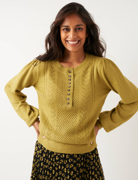 Pull ajouré col tunisien boutonné (vert olive)
