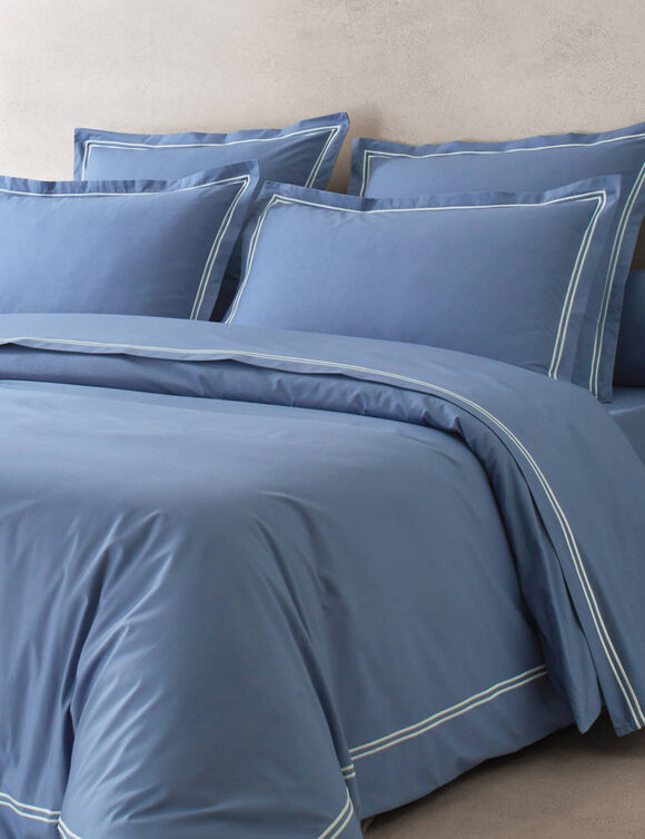Linge de lit uni double bourdon - percale de coton 80 fils/cm&sup2; (bleu / blanc)