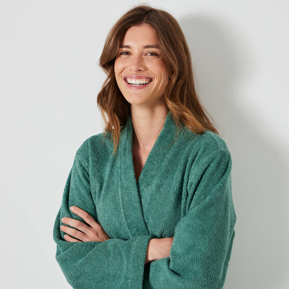 Peignoir court adulte col kimono éponge bouclette (eucalyptus)