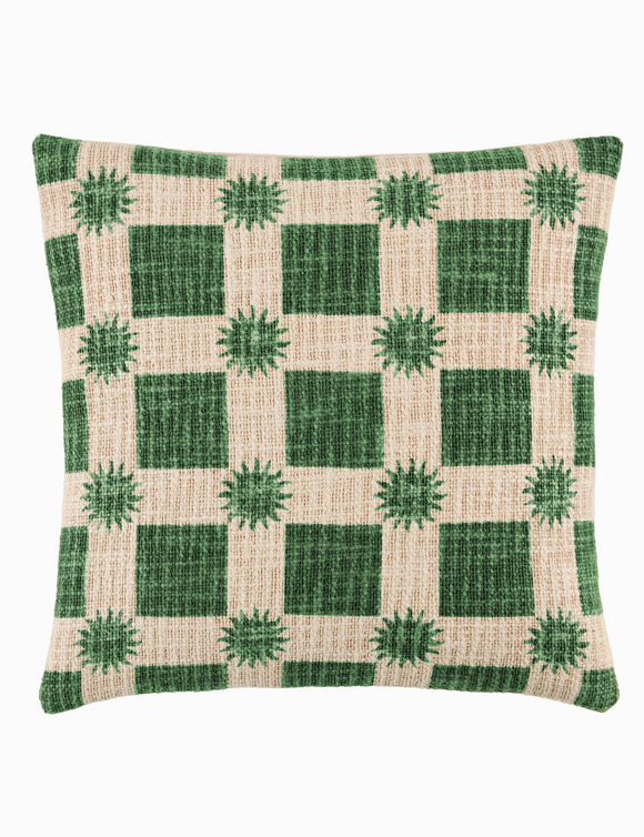 Coussin imprim&eacute; soleil et damier (vert / &eacute;cru)