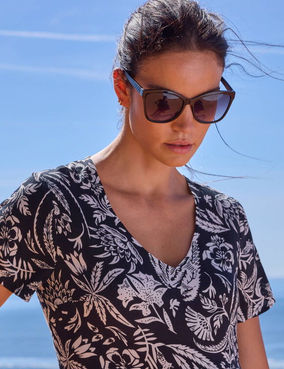 Robe col V courte imprim&eacute;e, cr&eacute;pon (noir / blanc)