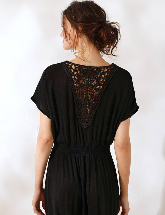 Robe longue crépon, détail macramé (noir)