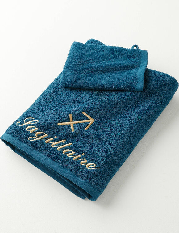 Serviettes de bain brodées Sagittaire - 420g/m2 (bleu paon)