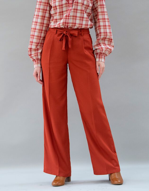 Pantalon large fluide, taille ceinturée, uni   (tomette)