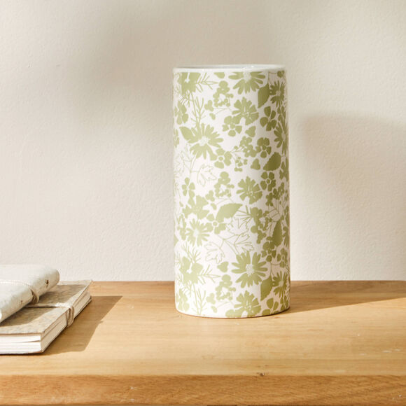 Vase c&eacute;ramique imprim&eacute; floral - hauteur 19,5 cm (blanc / vert)