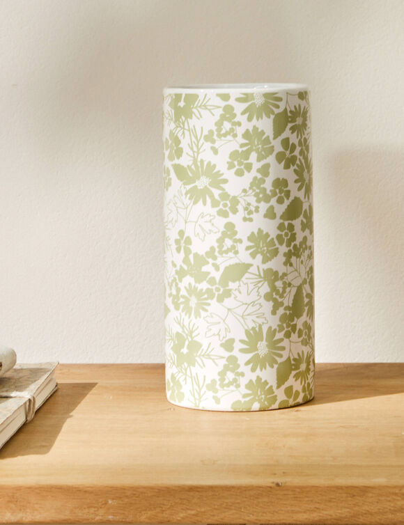 Vase c&eacute;ramique imprim&eacute; floral - hauteur 19,5 cm (blanc / vert)