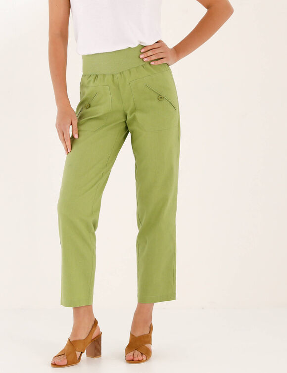 Pantalon droit 7/8&egrave;me, taille &eacute;lastiqu&eacute;e, lin coton (vert gris&eacute;)