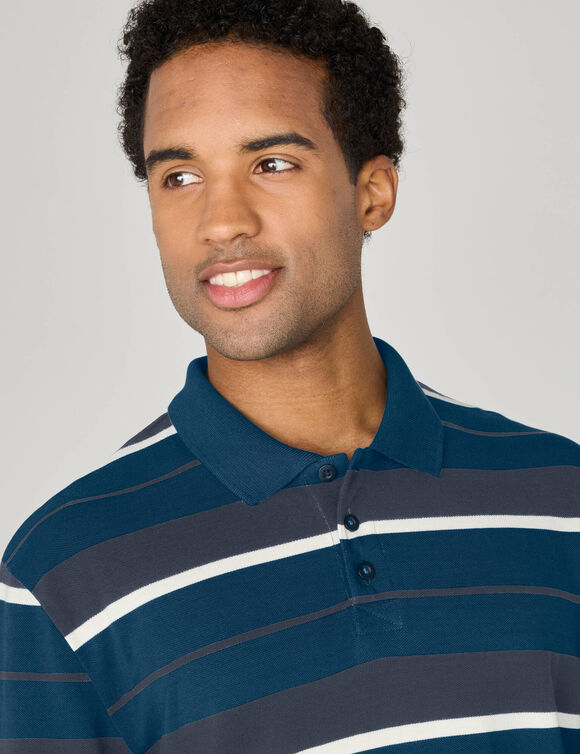 Polo ray&eacute;e maille piqu&eacute;e manches longues  (bleu canard / marine)