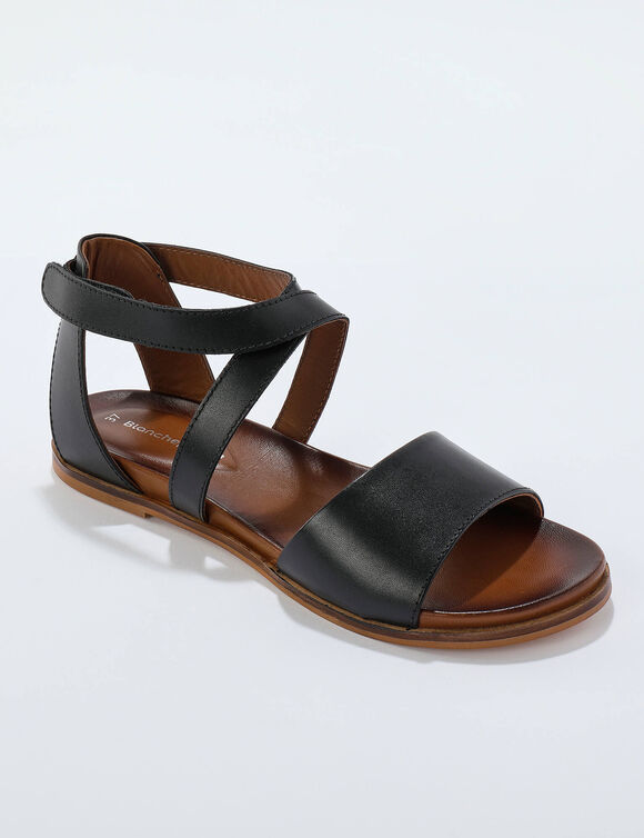 Sandalen met scratchriempjes, in LWG-gecertificeerd leer (zwart)