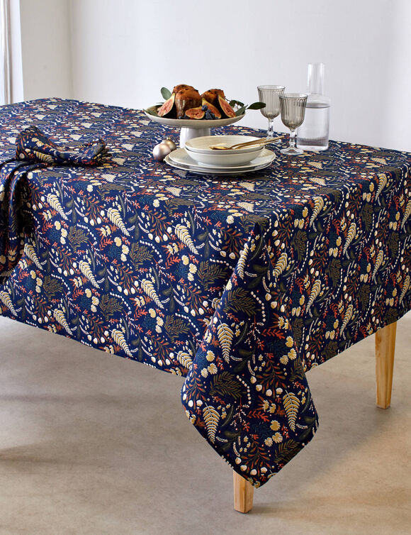 Katoenen tafellaken met plantenprint (marine)