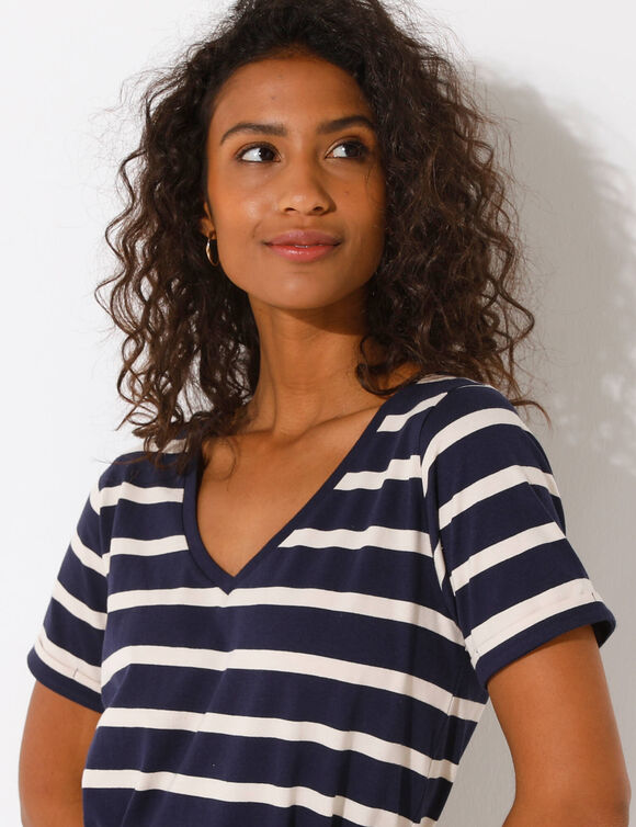 Robe mi-longue ceinturée col V, maille rayée (marine / écru)