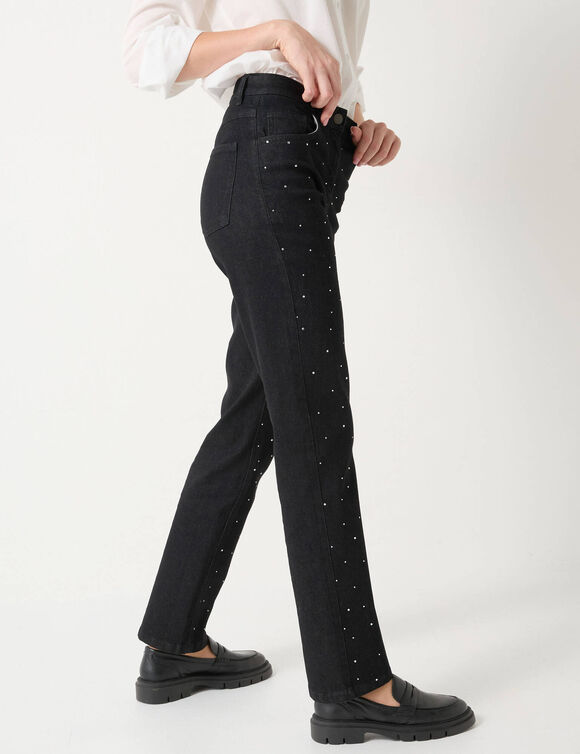 Jean noir coupe droite taille haute avec strass (noir)