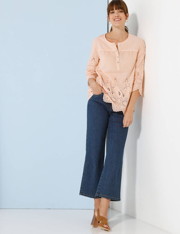 Blouse unie manches 3/4, broderie anglaise (rose poudré)