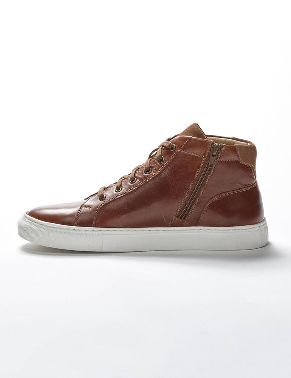 Leren sneakers met hoge schacht, met veters en rits (bruin)