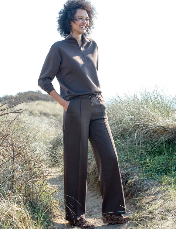 Sweat col montant zipp&eacute;, manches longues, maille milano (chocolat)