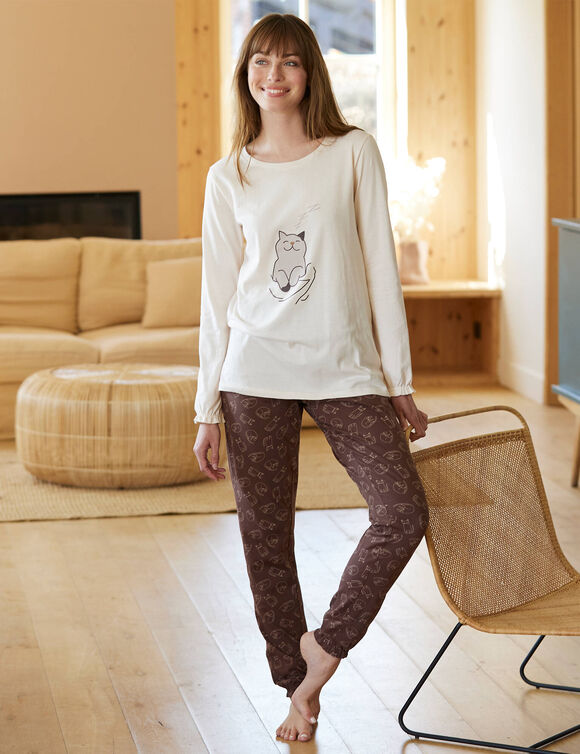 Pyjama motif "chat" manches longues volantées  (écru / chocolat)